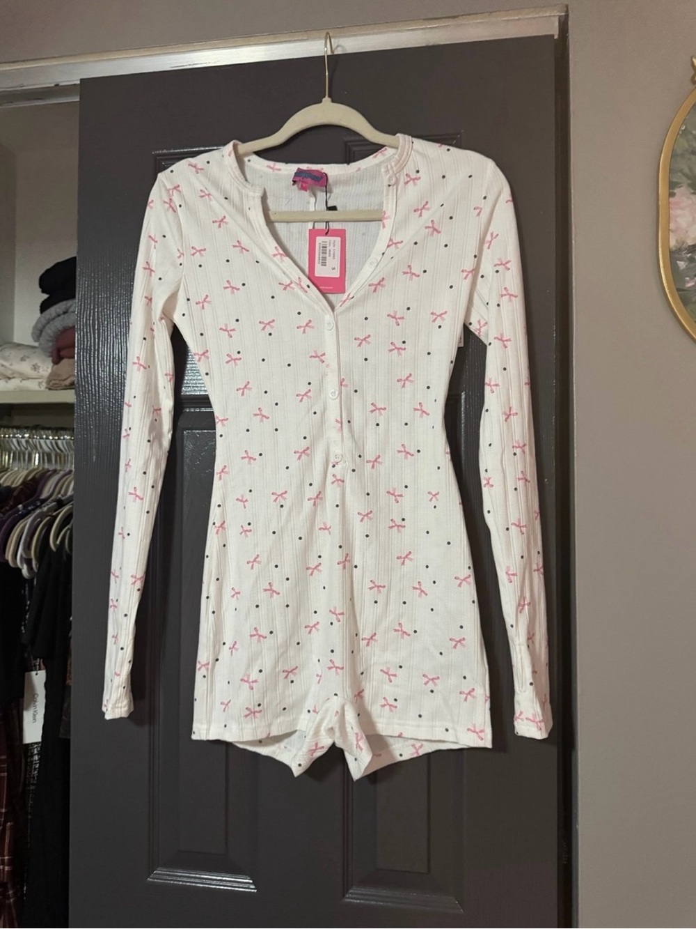 $55 NWT Edikted Mindy Printed Pointelle Romper Size Small Bows Coquette